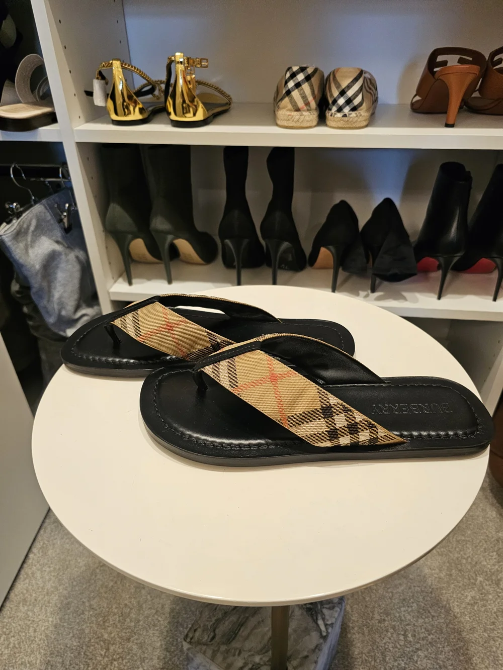 Burberry Black & Tan Plaid Thong Sandals